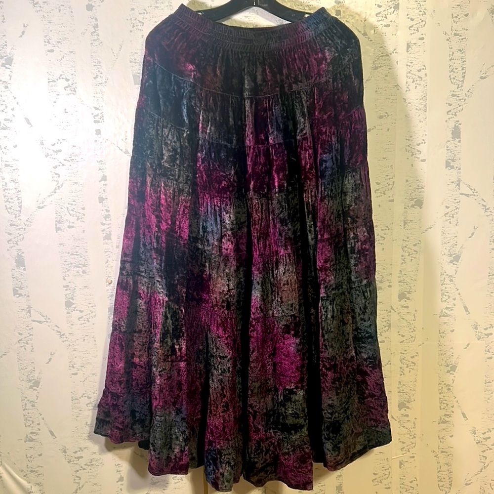 Womens Carla Freeman Crushed Velvet Maxi Skirt Large Rayon Wine Black